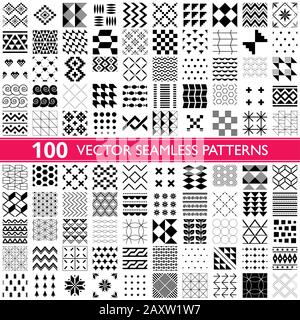 100 seamless vector patterns - big set, different geometric and abstract universal patterns, tiles - big collection Stock Vector