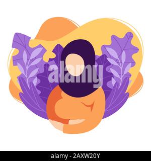 Pregnant muslim woman touches belly. Lady in hijab expecting child strokes her belly. Future mother. Health, care, maternity parenting. Vector illustr Stock Vector