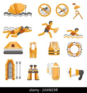 Lifeguard equipment items and swimming safety warning signs set Stock Vector