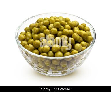 Canned green peas in glass bowl isolated on white background with clipping path Stock Photo