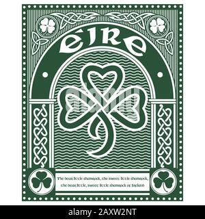 Irish Celtic design in vintage, retro style, and Celtic-style clover, illustration on the theme of St. Patricks day celebration Stock Vector