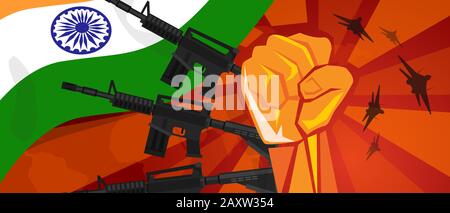 India war propaganda hand fist strike with arm plane and flag. Vintage red symbol of aggression and rebellion Stock Vector