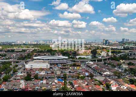 Bird's eye view of the Puchong Perdana town near Kuala Lumpur with the Masjid As-Salam Puchong Perdana Mosque in the background. Stock Photo