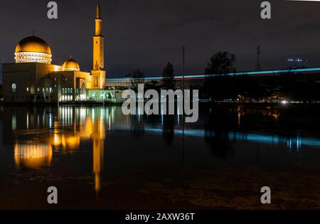 Night view of the beautiful Masjid As-Salam Puchong Perdana Mosque. Stock Photo