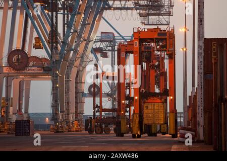 Container movers moving containers around port terminal for loading on and off ship. Stock Photo