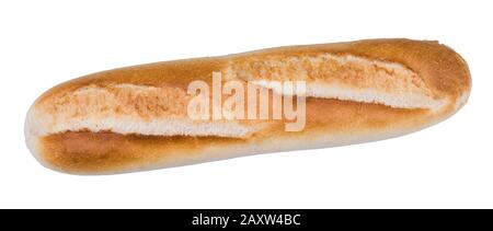 Single baked baguette. Whole loaf of crispy French bread isolated on white background. Closeup of long fresh bakery product with gold crust. Top view. Stock Photo