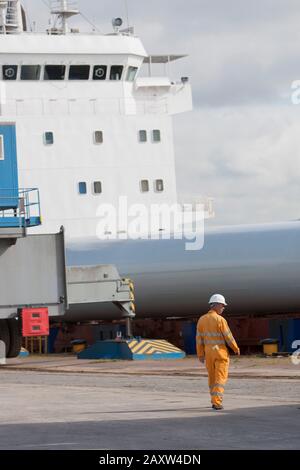 Siemens Wind turbine tower shaft in transit by ship Stock Photo