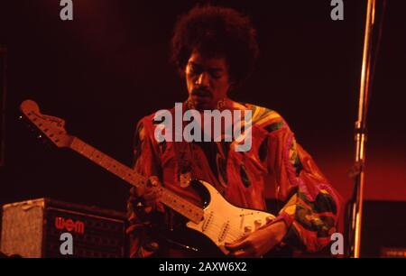 Jimi Hendrix at the famous Isle of Wight Festival in 1970, it is estimated that between 600 and 700,000 people attended. Sunday, August 30, 1970 Stock Photo