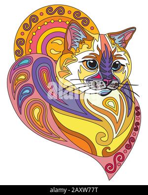 Colorful abstract doodle ornamental portrait of Ragdoll cat. Decorative vector illustration in different colors isolated on white background. Stock il Stock Vector
