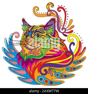Colorful decorative doodle ornamental portrait of ragdoll cat.  Decorative abstract vector illustration in different colors isolated on white backgrou Stock Vector