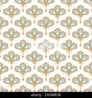 Floral pendant shape seamless pattern. Soft blue and gold colors drop design background. Stock Vector