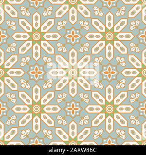 Arabic style tile seamless pattern. Moroccan ceramic tiles design pastel blue gold colors. Stock Vector