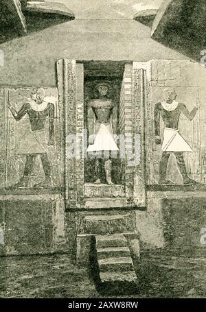 Stele in the form of a door, and the statue of the tomb of Mirruka, drawn by Boudier from a photograph of the tomb of Mirruka drawn by M de Morgan.  Mirruka is now more commonly spelled Mereruka.  The mastaba of Mereruka is the largest and most elaborate of all the non-royal tombs in Saqqara with 33 rooms or chambers in total. Mereruka was the vizier to king Teti (C 2323-2191 BC)the first ruler of the 6th dynasty (c 2323-2150 BC) Old Kingdom period of Egypt. Stock Photo