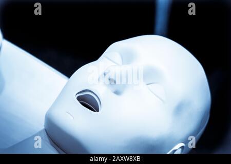 One Layout medical mannequin face man with open mouth close-up, medical exhibit Stock Photo