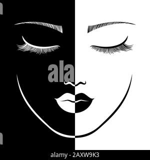 Abstract of charming woman's face in negative and positive space with closed eyes, black and white conceptual expression, hand drawing illustration Stock Vector