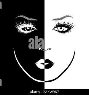 Abstract attractive woman's face with closed eyes split in negative and positive space, black and white conceptual expression, hand drawing illustrati Stock Vector
