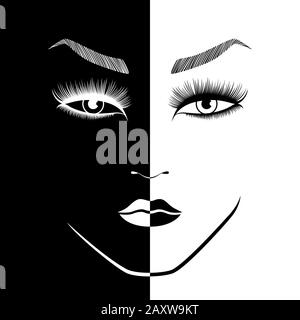 Abstract beautiful woman's face split in negative and positive space, black and white conceptual expression, hand drawing illustration Stock Vector
