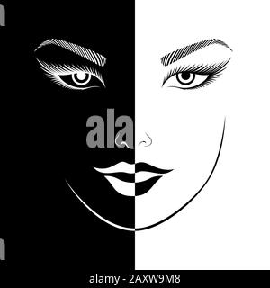Abstract woman's smiling face split in negative and positive space, black and white conceptual expression, hand drawing illustration Stock Vector