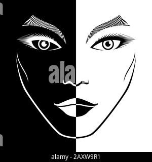 Abstract of attractive woman's face in negative and positive space, black and white conceptual expression, hand drawing illustration Stock Vector