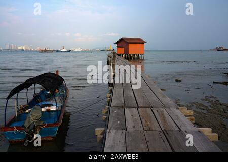 Wooden Sampan (Boat) at Tan Jetty, George Town, Penang, Malaysia Stock Photo