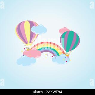 Cute childish vector illustration - balloon with clouds and rainbow on a blue gradient background. Baby postcard Stock Vector