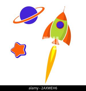 A rocket in outer space. Stars and planets. Flat design. Stock Vector
