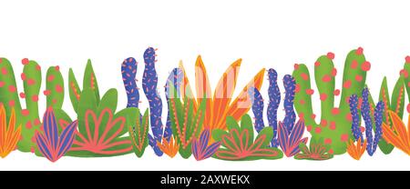 Cactus seamless vector border. Cacti in bright colors repeating pattern. Modern nature repeated texture with green blue orange plants. Natural hand Stock Vector