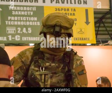 Kiev, Ukraine October 11, 2017: - Mannequin dressed various body armor and protective helmets. Example military uniform outfit. Stock Photo