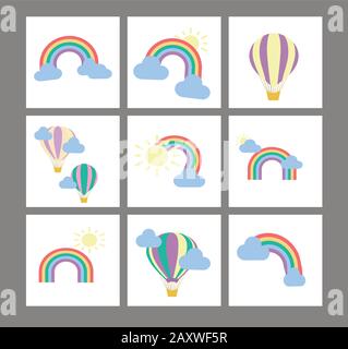 Vector set of children's stylish vector illustrations for baby cards. Balloons, clouds and rainbows flat vector design. Stock Vector