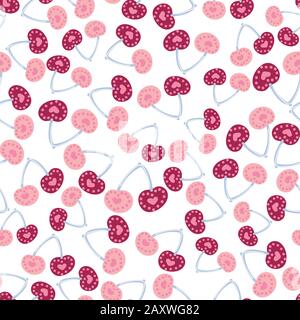 pairs of cherries with hearts seamless vector pattern on a light background Stock Vector