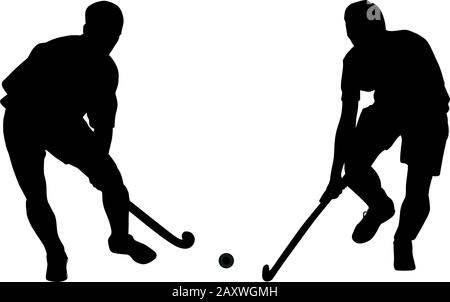 Silhouette of two field hockey players with a hockey stick and ball. Vector illustration Stock Vector