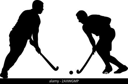 Silhouette of two field hockey players with a hockey stick and ball. Vector illustration Stock Vector