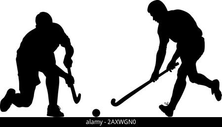 Silhouette of two field hockey players with a hockey stick and ball. Vector illustration Stock Vector