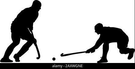 Silhouette of two field hockey players with a hockey stick and ball. Vector illustration Stock Vector