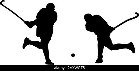 Silhouette of two field hockey players with a hockey stick and ball. Vector illustration Stock Vector