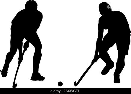 Silhouette of two field hockey players with a hockey stick and ball. Vector illustration Stock Vector