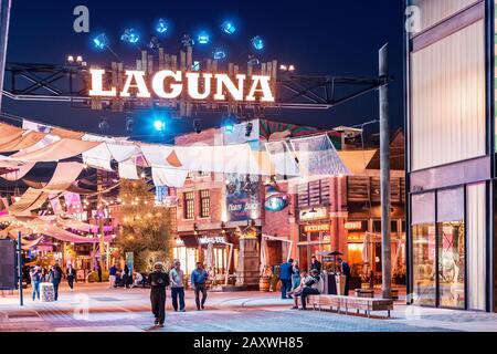 25 November 2019, Dubai, UAE: Famous La Mer modern District at night. Popular tourist attraction at Jumeirah area Stock Photo