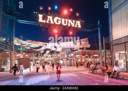 25 November 2019, Dubai, UAE: Famous La Mer modern District at night. Popular tourist attraction at Jumeirah area Stock Photo