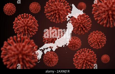 Japan map over a scientific virus microbe background. 3D Rendering Stock Photo