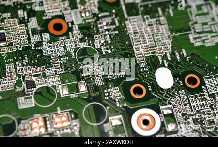Electronic microcircuits close-up. Many micronutrients on the board Stock Photo