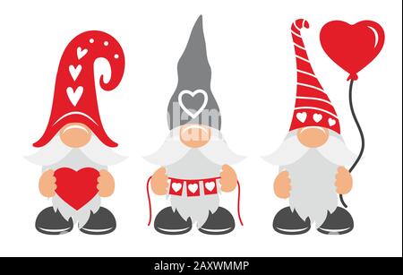 Valentines Day Gnomes w hat, balloon, and hearts Stock Vector