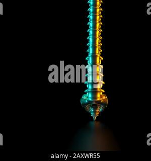 spine bones in gold color, colored side lights and black background. 3d render image. Health and medicine concept. Stock Photo