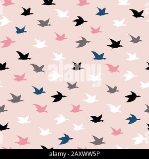 Childish Colorful Crane Birds Japanese Print. Seamless Pattern with Simple Birds Silhouettes for pillows print design, wallpapers, backdrops or fabric textile. Flying elegant swallows on pink Stock Vector
