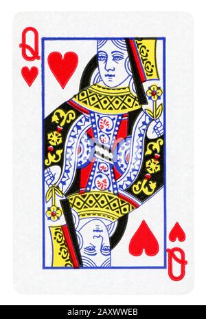 Queen of Hearts Vintage playing card isolated on white (clipping path included) Stock Photo