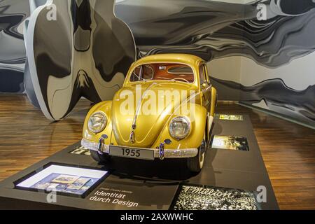 WOLFSBURG, GERMANY - March 29, 2015. Volkswagen Beetle Käfer car from 1955 on display at Autostadt museum in Wolfsburg, with Swarowski crystal diamond Stock Photo