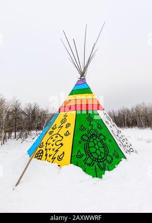 Tipi in winter, Manitoba, Canada. Stock Photo