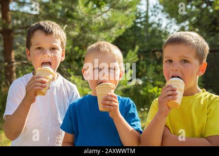 Three little brothers together outdoors in summer. Kids or children eating ice cream on hot summer day. Stock Photo