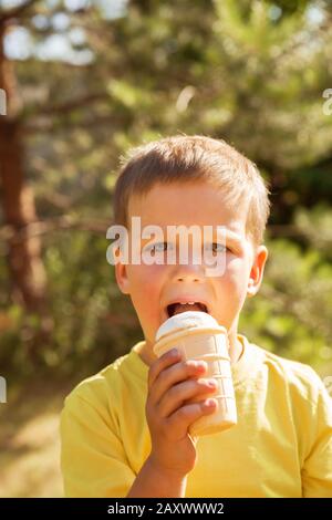 Boy 4 years in yellow t-shirt in summer outdoors on hot sunny day. Child eats ice cream in waffle cup Stock Photo