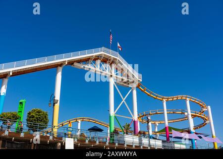 Santa Monica pier with Pacific Park amusements, roller coaster , California, United States of America. USA. October 2019 Stock Photo