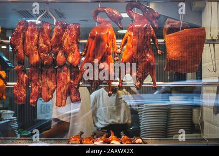 Hong Kong - November, 2019: Roasted ducks, peking duck and roast goose, a common picture in restaurant window of Hong Kong Stock Photo